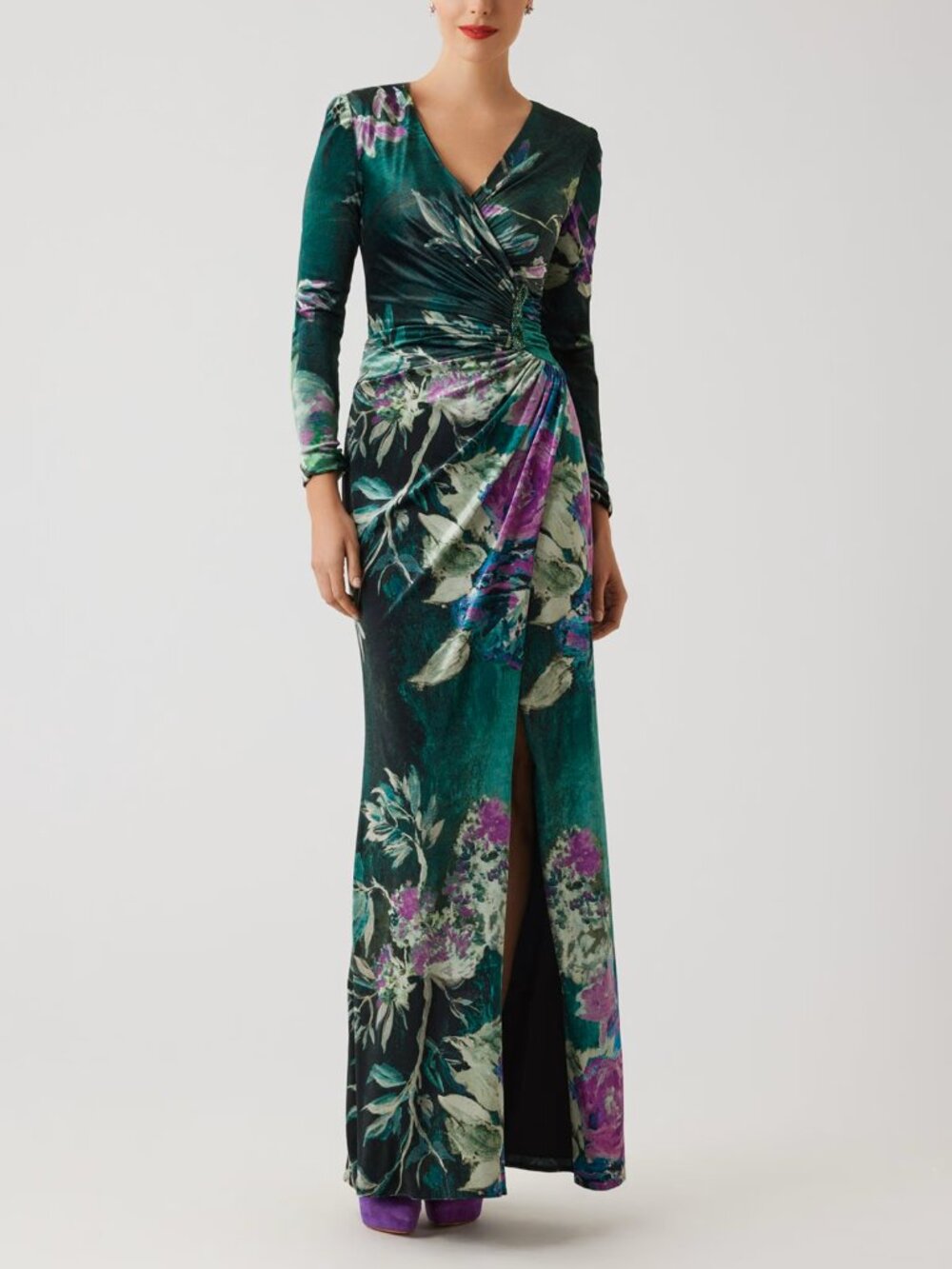 TERI JON Floral Velvet Jewel Applique Gown